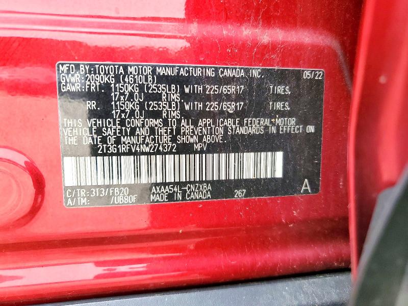 Aukcja sprzedaży 2022 Toyota Rav4, vin: 2T3G1RFV4NW274372, numer aukcji: 63072466