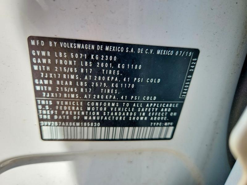 2019 Volkswagen Tiguan მანქანა იყიდება აუქციონზე, vin: 3VV2B7AX8KM185830, აუქციონის ნომერი: 61090176