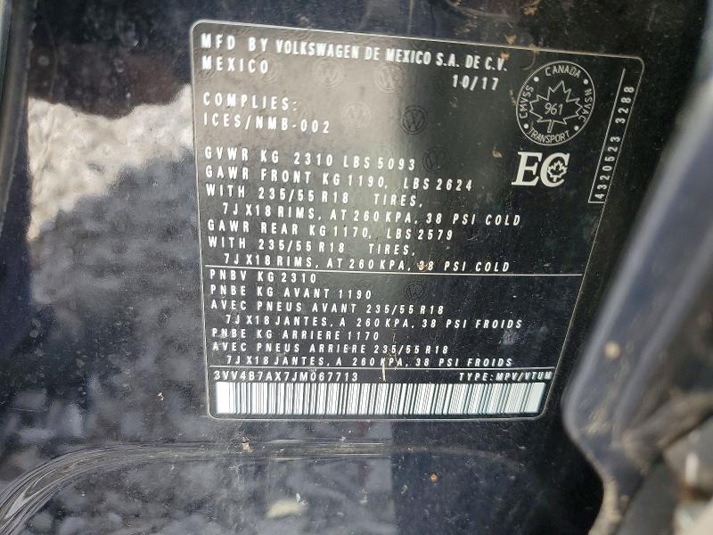 Продажа на аукционе авто 2018 Volkswagen Tiguan, vin: 3VV4B7AX7JM067713, номер лота: 61551216