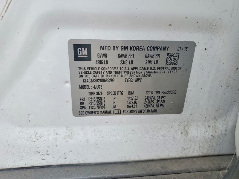 2016 Buick Encore მანქანა იყიდება აუქციონზე, vin: KL4CJASB2GB626298, აუქციონის ნომერი: 61011286
