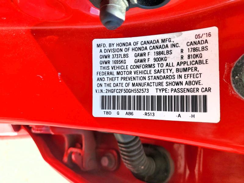 Продажа на аукционе авто 2016 Honda Civic, vin: 2HGFC2F50GH552573, номер лота: 60325876