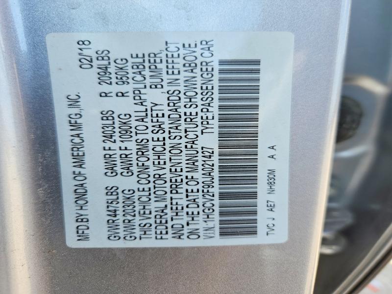 2018 Honda Accord მანქანა იყიდება აუქციონზე, vin: 1HGCV2F90JA021427, აუქციონის ნომერი: 59979596