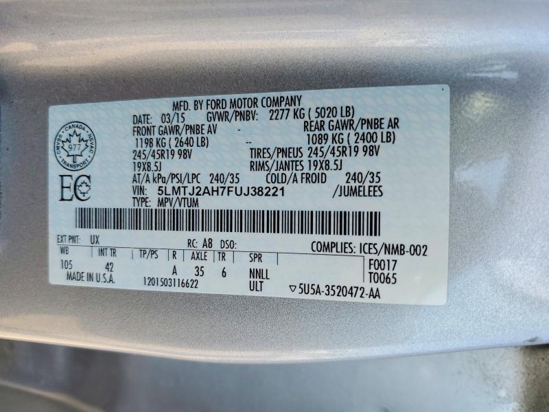 2015 Lincoln Mkc მანქანა იყიდება აუქციონზე, vin: 5LMTJ2AH7FUJ38221, აუქციონის ნომერი: 60746286