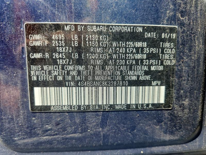 Aukcja sprzedaży 2019 Subaru Outback, vin: 4S4BSANC8K3287810, numer aukcji: 60865696