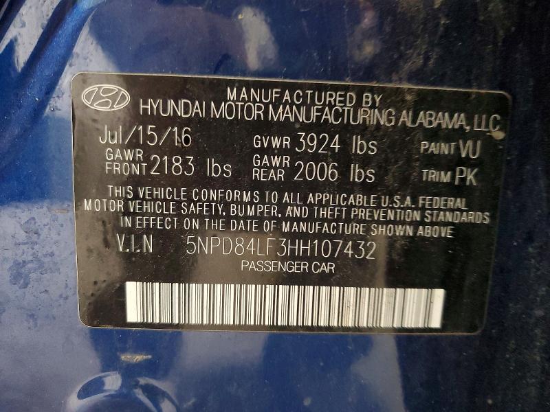 61031736 :رقم المزاد ، 5NPD84LF3HH107432 vin ، 2017 Hyundai Elantra مزاد بيع