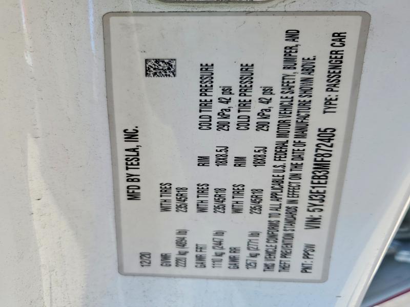Продажа на аукционе авто 2021 Tesla Model 3, vin: 5YJ3E1EB3MF872405, номер лота: 62768906
