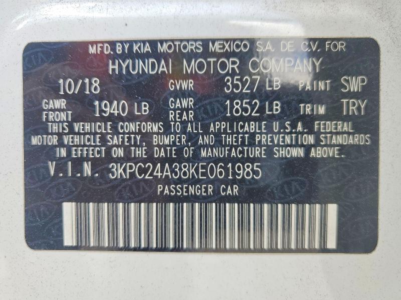 Продаж на аукціоні авто 2019 Hyundai Accent, vin: 3KPC24A38KE061985, номер лоту: 61309466