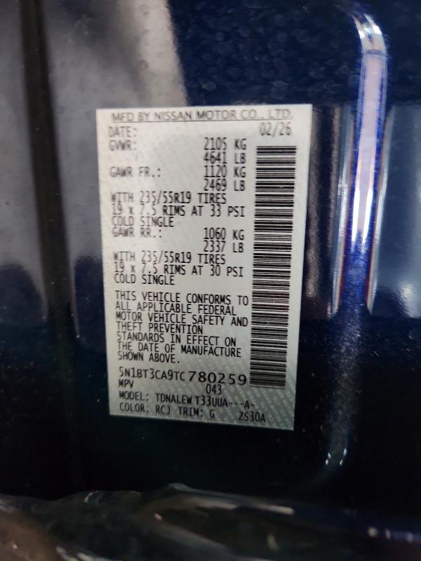 62412526 :رقم المزاد ، 5N1BT3CA9TC780259 vin ، 2026 Nissan Rogue مزاد بيع