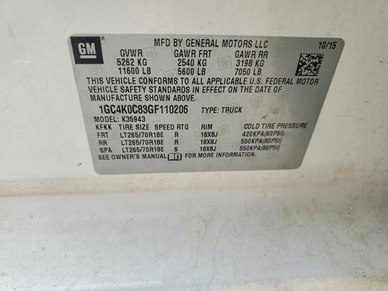 Продаж на аукціоні авто 2016 Chevrolet Silverado, vin: 1GC4K0C83GF110206, номер лоту: 59257996