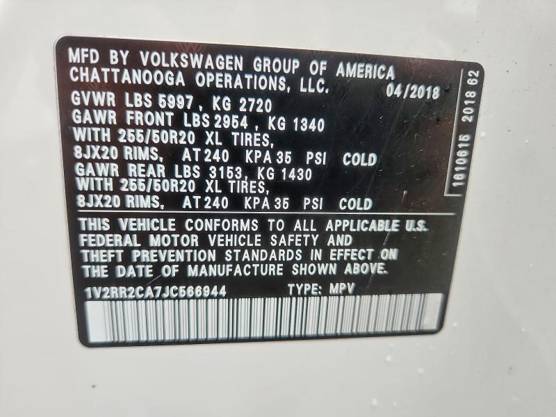 2018 Volkswagen Atlas მანქანა იყიდება აუქციონზე, vin: 1V2RR2CA7JC566944, აუქციონის ნომერი: 62902456