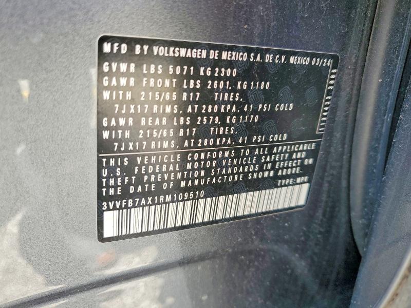 2024 Volkswagen Tiguan მანქანა იყიდება აუქციონზე, vin: 3VVFB7AX1RM109510, აუქციონის ნომერი: 60093516