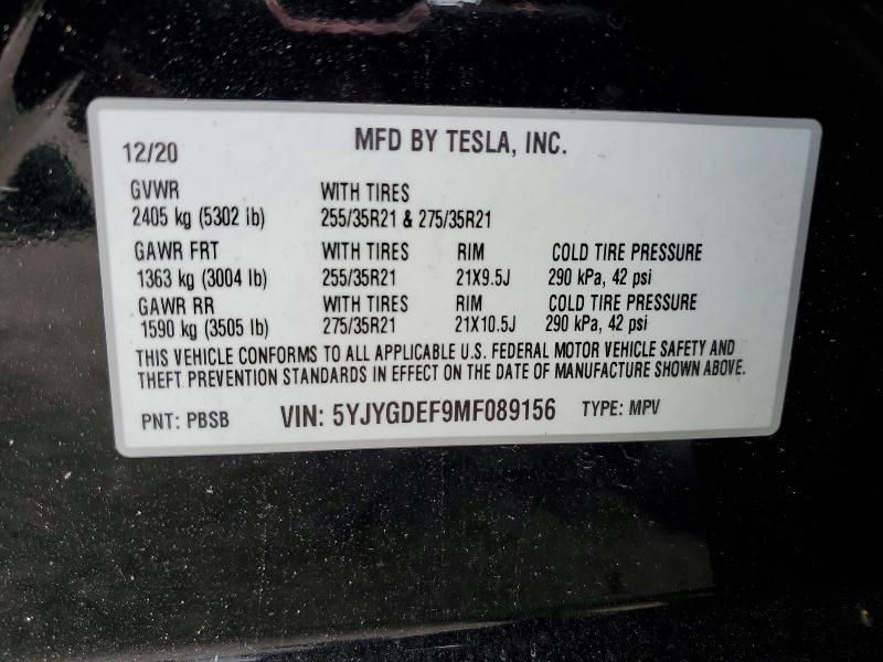 62419816 :رقم المزاد ، 5YJYGDEF9MF089156 vin ، 2021 Tesla Model Y مزاد بيع