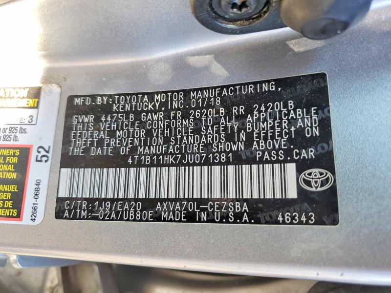 Aukcja sprzedaży 2018 Toyota Camry, vin: 4T1B11HK7JU071381, numer aukcji: 61722336