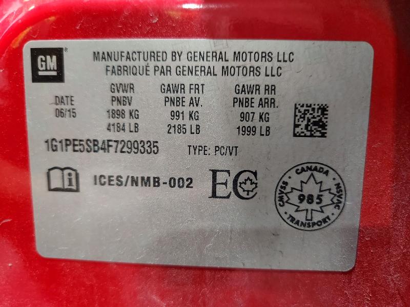 2015 Chevrolet Cruze მანქანა იყიდება აუქციონზე, vin: 1G1PE5SB4F7299335, აუქციონის ნომერი: 60235056