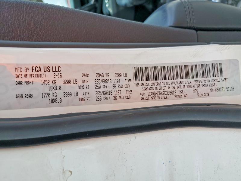 62634816 :رقم المزاد ، 1C4RDHDGXGC330612 vin ، 2016 Dodge Durango مزاد بيع