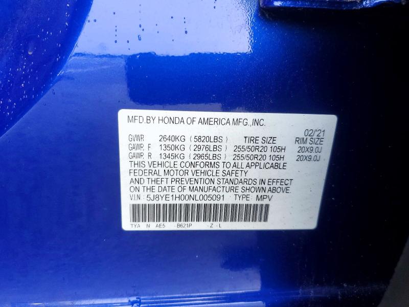 62679316 :رقم المزاد ، 5J8YE1H00NL005091 vin ، 2022 Acura Mdx مزاد بيع