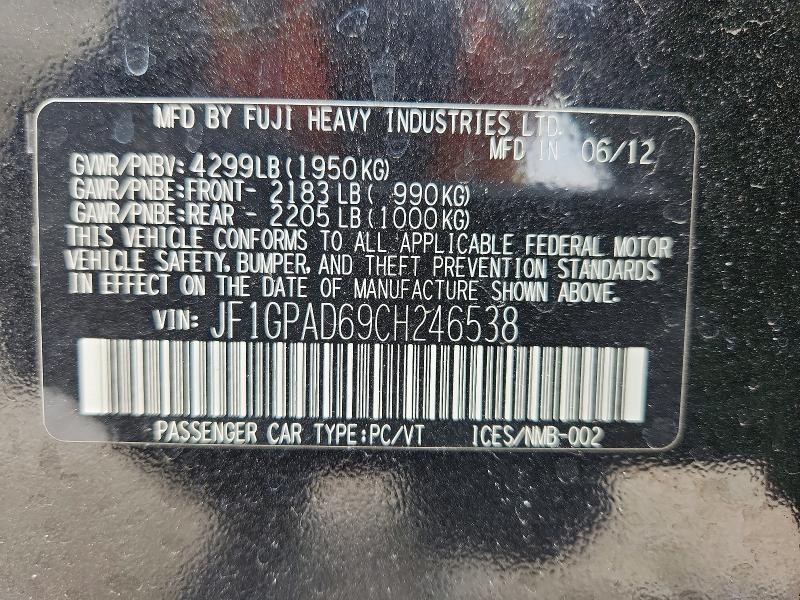 2012 Subaru Impreza მანქანა იყიდება აუქციონზე, vin: JF1GPAD69CH246538, აუქციონის ნომერი: 62124806