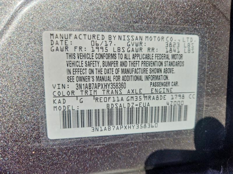 2017 Nissan Sentra მანქანა იყიდება აუქციონზე, vin: 3N1AB7APXHY358360, აუქციონის ნომერი: 85771845