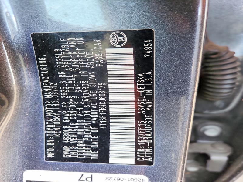 Продажа на аукционе авто 2012 Toyota Camry, vin: 4T1BF1FK4CU608179, номер лота: 59782356