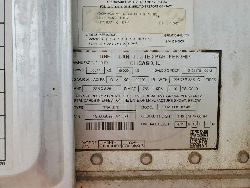 Aukcja sprzedaży 2015 Great Dane Trailers Reefer, vin: 1GRAA9629FB710371, numer aukcji: 62490296