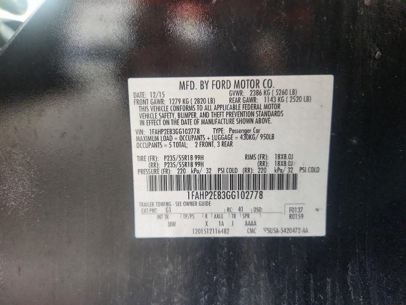 2016 Ford Taurus მანქანა იყიდება აუქციონზე, vin: 1FAHP2E83GG102778, აუქციონის ნომერი: 60240876