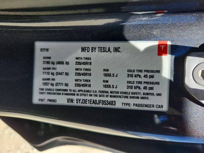 Aukcja sprzedaży 2018 Tesla Model 3, vin: 5YJ3E1EA0JF053483, numer aukcji: 59710196