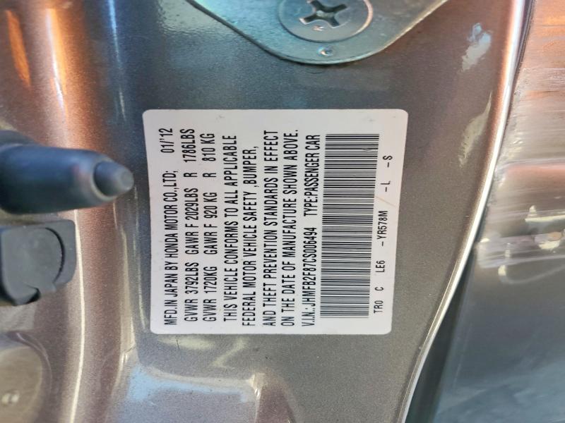 2012 Honda Civic მანქანა იყიდება აუქციონზე, vin: JHMFB2F87CS006494, აუქციონის ნომერი: 56636746