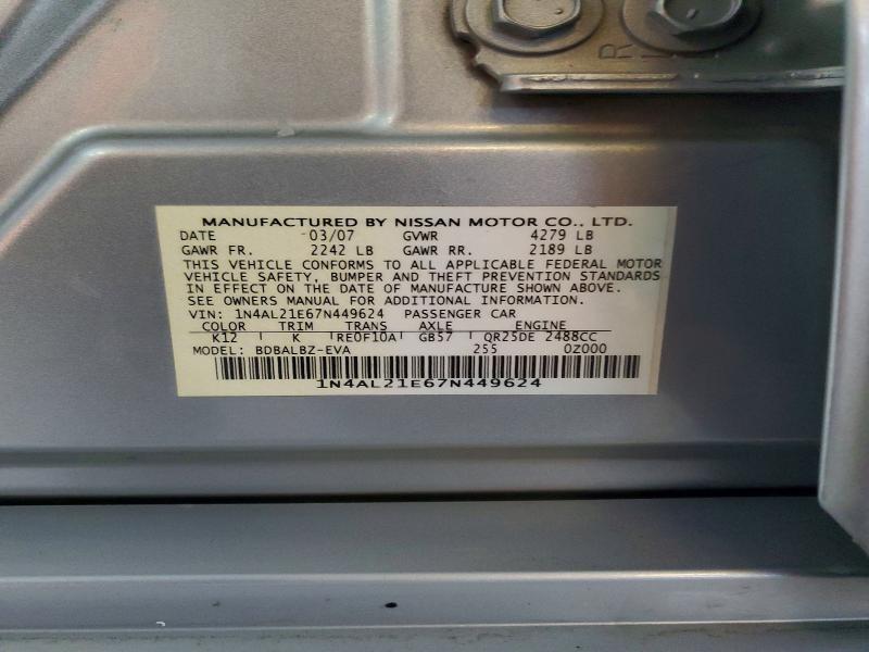 Aukcja sprzedaży 2007 Nissan Altima, vin: 1N4AL21E67N449624, numer aukcji: 60179996