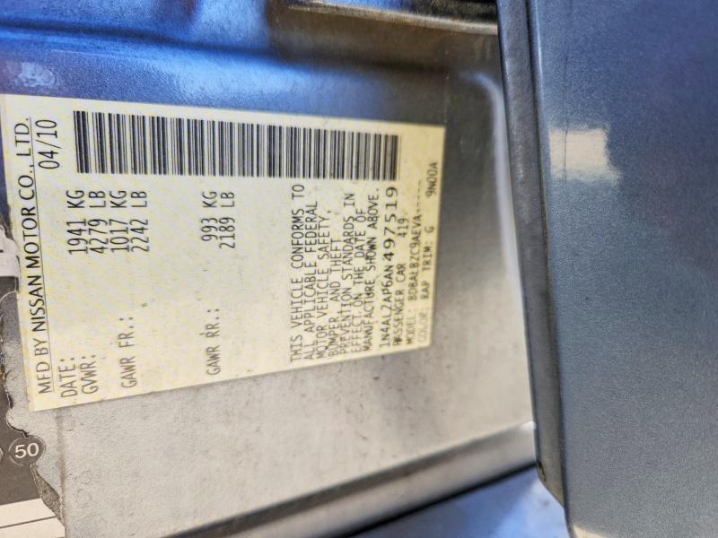 2010 Nissan Altima მანქანა იყიდება აუქციონზე, vin: 1N4AL2AP6AN497519, აუქციონის ნომერი: 61444386