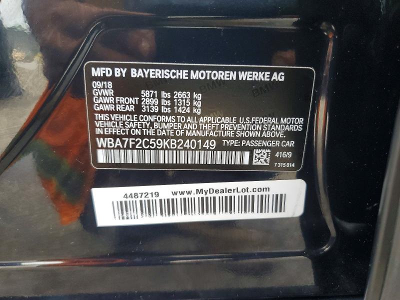 59779226 :رقم المزاد ، WBA7F2C59KB240149 vin ، 2019 Bmw 750 مزاد بيع