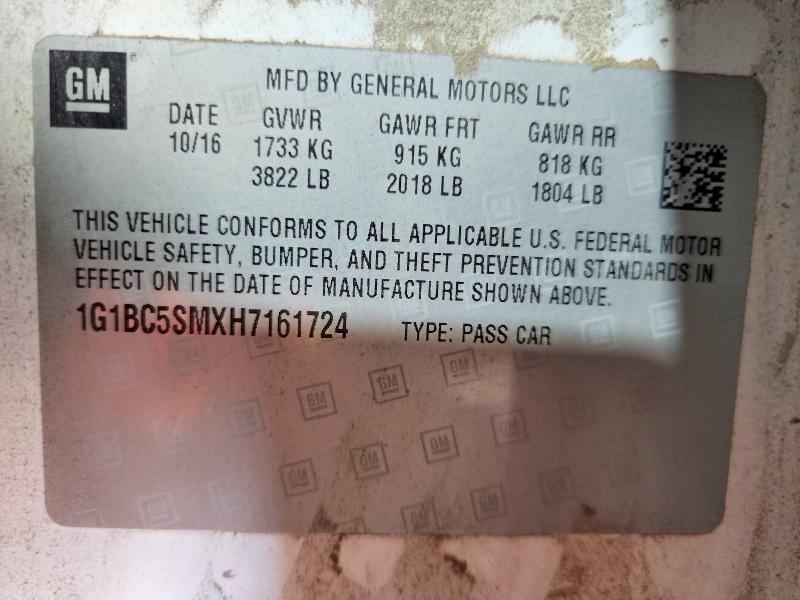 2017 Chevrolet Cruze მანქანა იყიდება აუქციონზე, vin: 1G1BC5SMXH7161724, აუქციონის ნომერი: 59338006