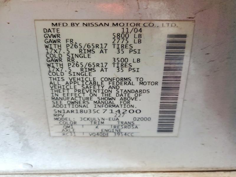Aukcja sprzedaży 2005 Nissan Pathfinder, vin: 5N1AR18U35C714200, numer aukcji: 62430046