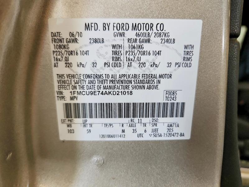 Aukcja sprzedaży 2010 Ford Escape, vin: 1FMCU9E74AKD21018, numer aukcji: 62913696