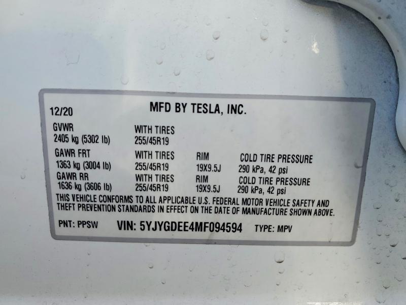 Aukcja sprzedaży 2021 Tesla Model Y, vin: 5YJYGDEE4MF094594, numer aukcji: 59903216