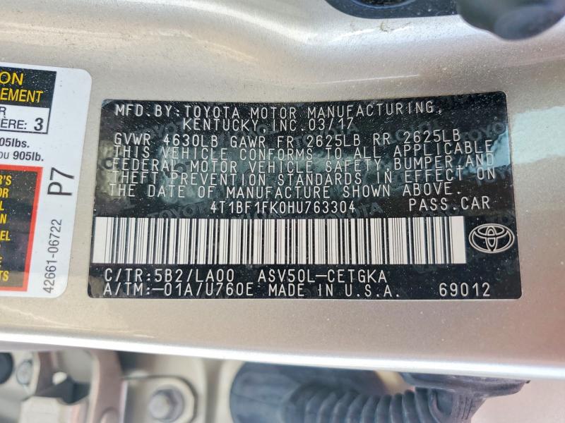 2017 Toyota Camry მანქანა იყიდება აუქციონზე, vin: 4T1BF1FK0HU763304, აუქციონის ნომერი: 61164806