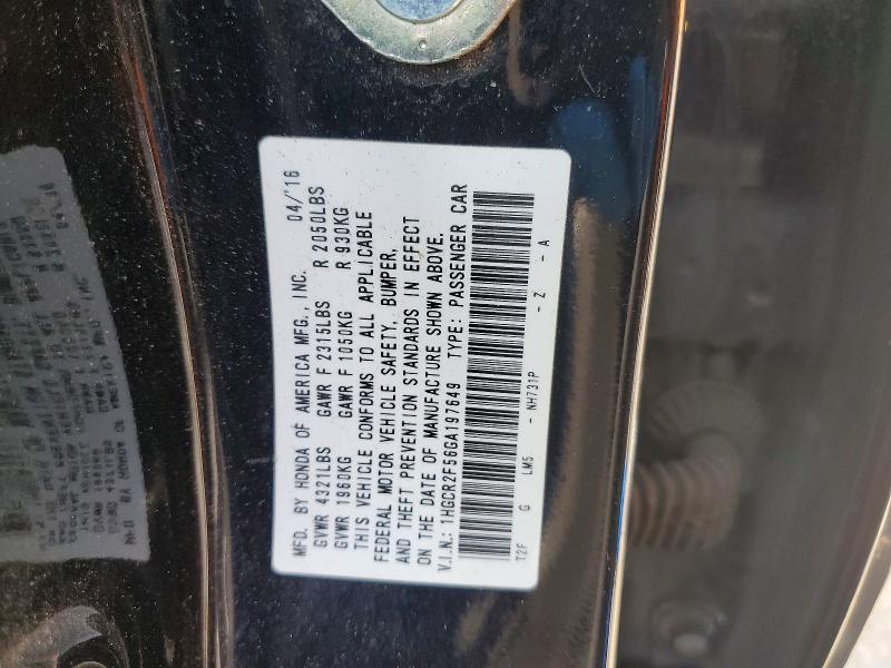 62296386 :رقم المزاد ، 1HGCR2F56GA197649 vin ، 2016 Honda Accord مزاد بيع