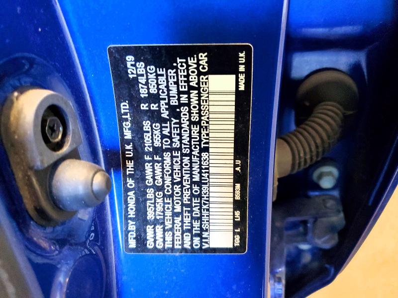 2020 Honda Civic მანქანა იყიდება აუქციონზე, vin: SHHFK7H39LU411638, აუქციონის ნომერი: 61070026