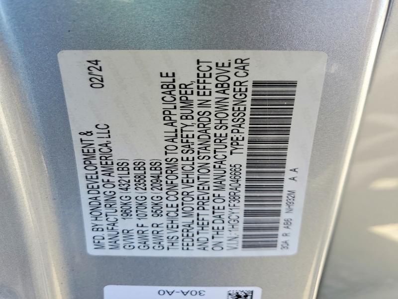 Auction sale of the 2024 Honda Accord, vin: 1HGCY1F38RA046665, lot number: 60210066