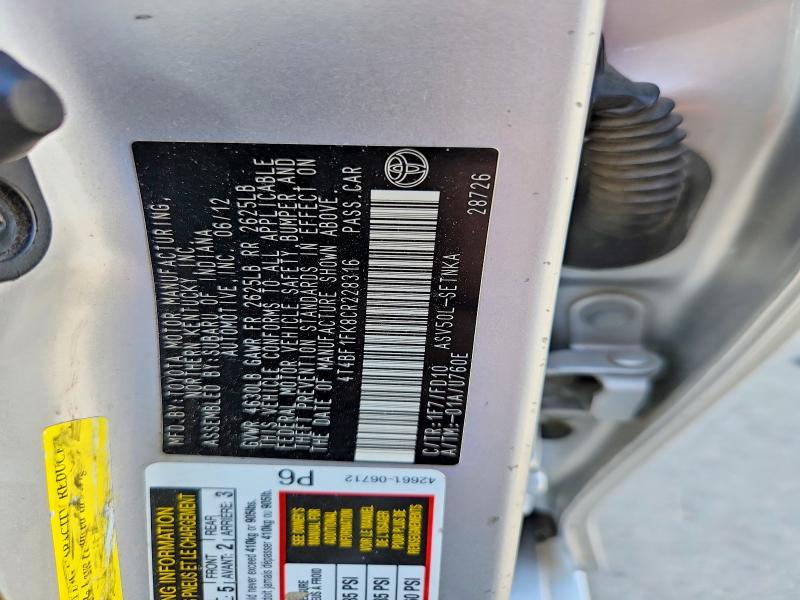 Aukcja sprzedaży 2012 Toyota Camry, vin: 4T4BF1FK8CR228316, numer aukcji: 61975596
