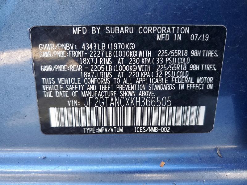 2019 Subaru Crosstrek მანქანა იყიდება აუქციონზე, vin: JF2GTANCXKH366505, აუქციონის ნომერი: 60173986