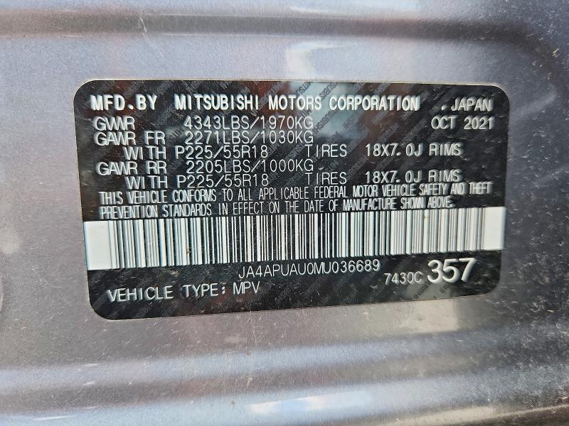 2021 Mitsubishi Outlander Sport მანქანა იყიდება აუქციონზე, vin: JA4APUAU0MU036689, აუქციონის ნომერი: 59650796