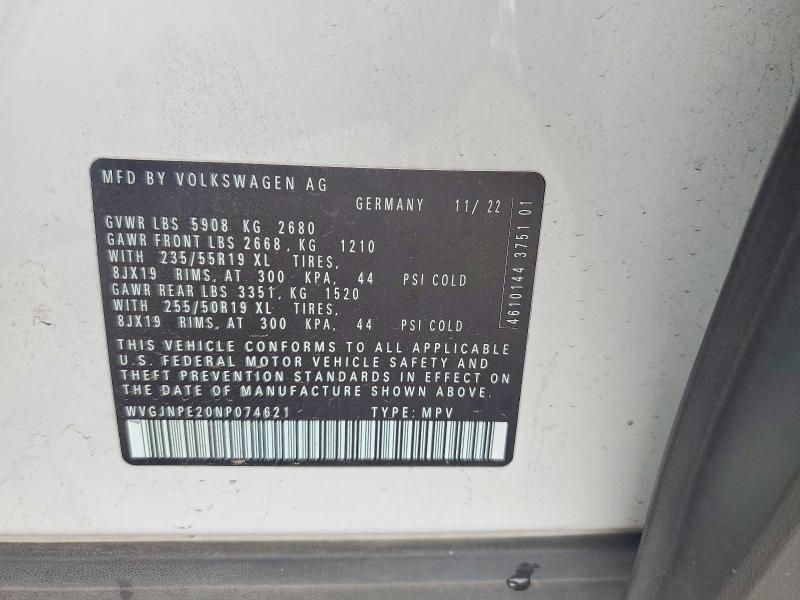 2022 Volkswagen Id.4 მანქანა იყიდება აუქციონზე, vin: WVGJNPE20NP074621, აუქციონის ნომერი: 61605786