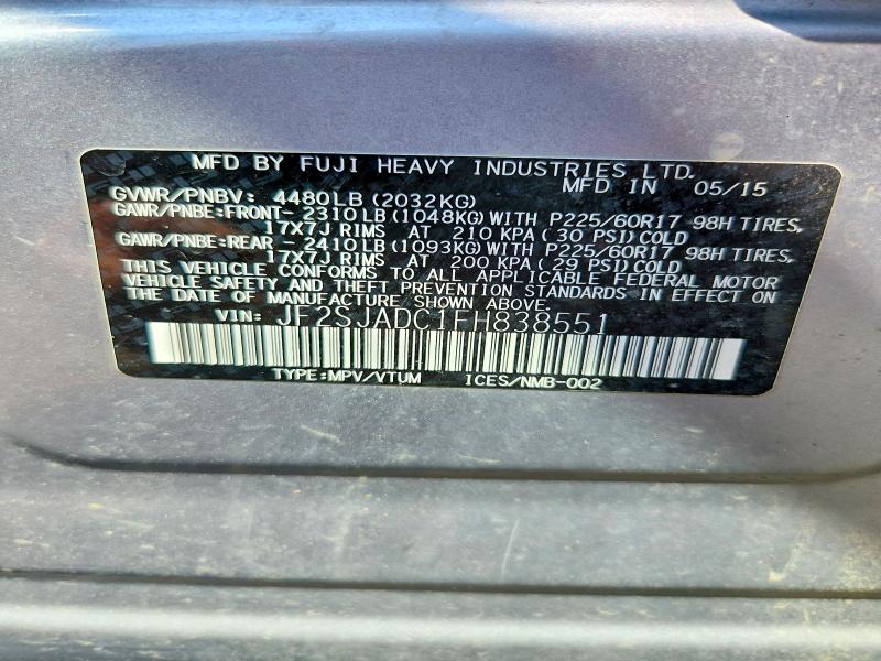 Продаж на аукціоні авто 2015 Subaru Forester, vin: JF2SJADC1FH838551, номер лоту: 62497516