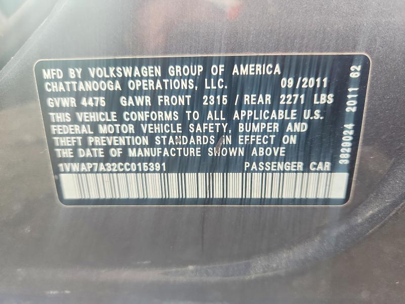 Aukcja sprzedaży 2012 Volkswagen Passat, vin: 1VWAP7A32CC015391, numer aukcji: 62538006