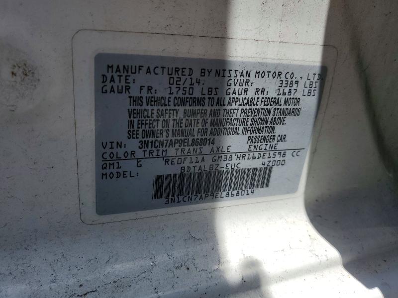 2014 Nissan Versa მანქანა იყიდება აუქციონზე, vin: 3N1CN7AP9EL868014, აუქციონის ნომერი: 59085426