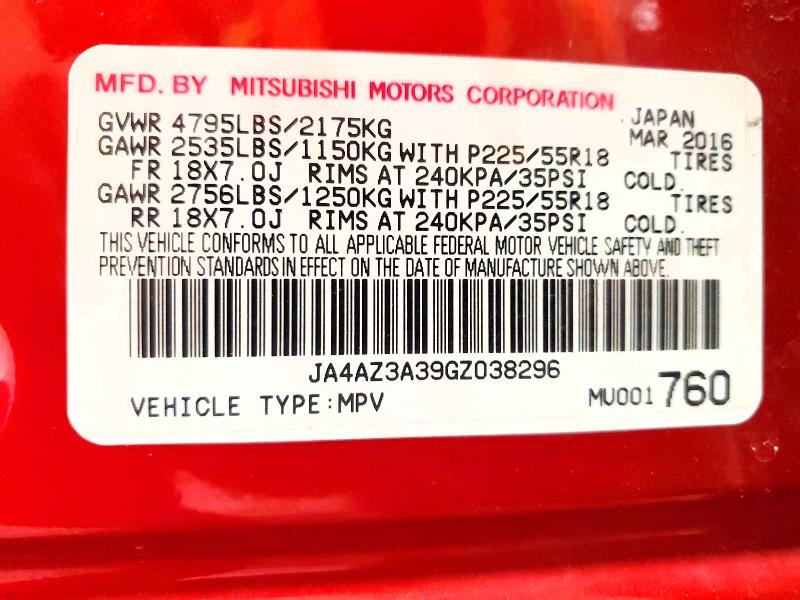Aukcja sprzedaży 2016 Mitsubishi Outlander, vin: JA4AZ3A39GZ038296, numer aukcji: 61346616