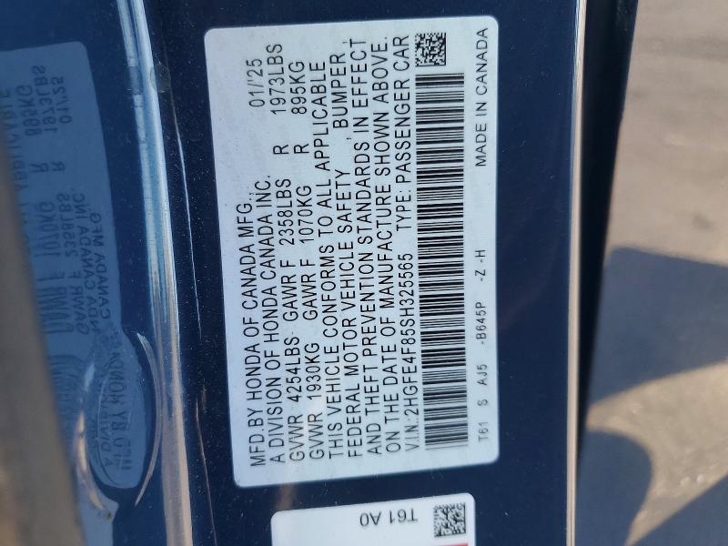 Продаж на аукціоні авто 2025 Honda Civic, vin: 2HGFE4F85SH325565, номер лоту: 58136416