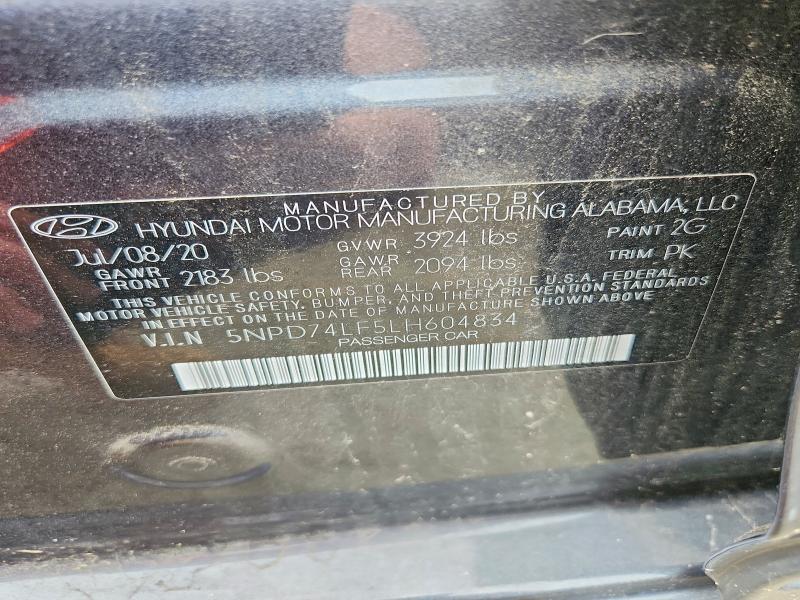 2020 Hyundai Elantra მანქანა იყიდება აუქციონზე, vin: 5NPD74LF5LH604834, აუქციონის ნომერი: 60597826