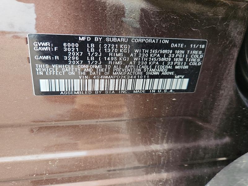 59277596 :رقم المزاد ، 4S4WMAPD2K3441011 vin ، 2019 Subaru Ascent مزاد بيع