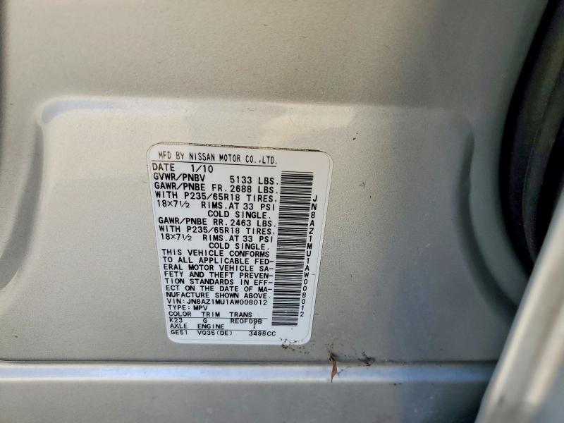 Продажа на аукционе авто 2010 Nissan Murano, vin: JN8AZ1MU1AW008012, номер лота: 61149946